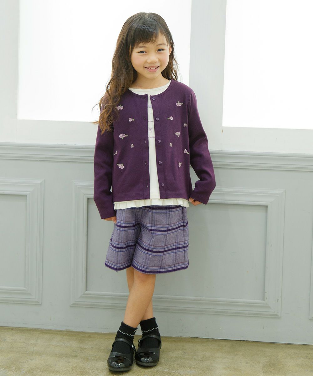 Flower embroidery fine brush material button opening cardigan Purple model image whole body