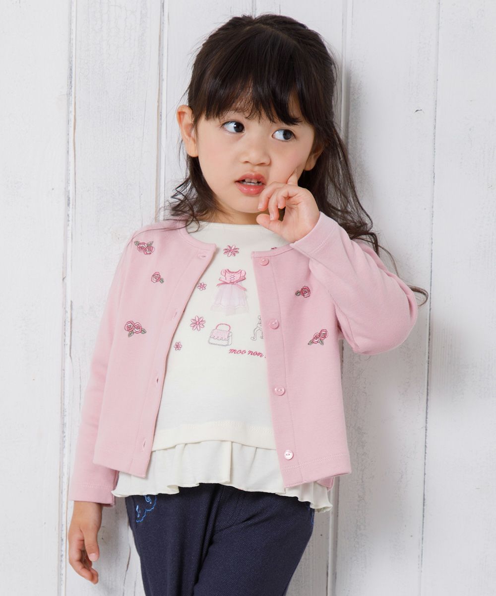 Baby size flower embroidery Fine brushed material cardigan Pink model image up