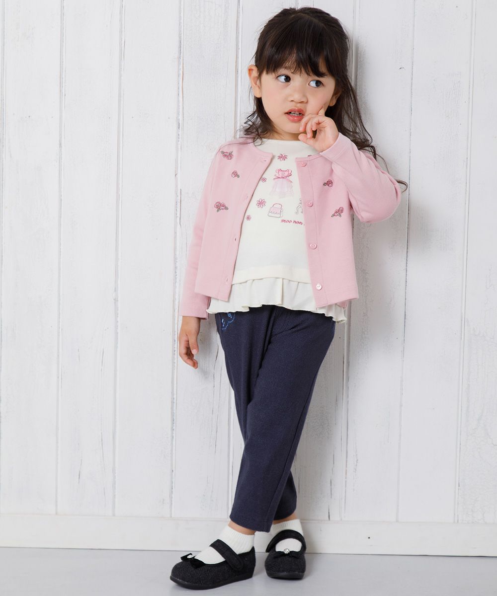 Baby size flower embroidery Fine brushed material cardigan Pink model image whole body