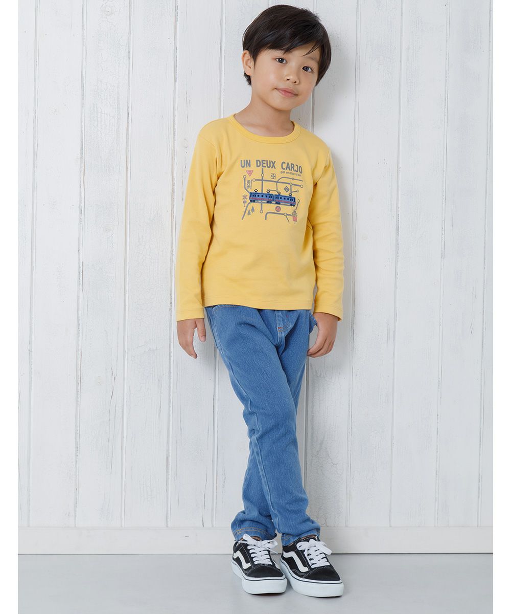Children's clothing boy 100 % cotton train & logo print vehicle series T -shirt Yellow (04) Model image whole body