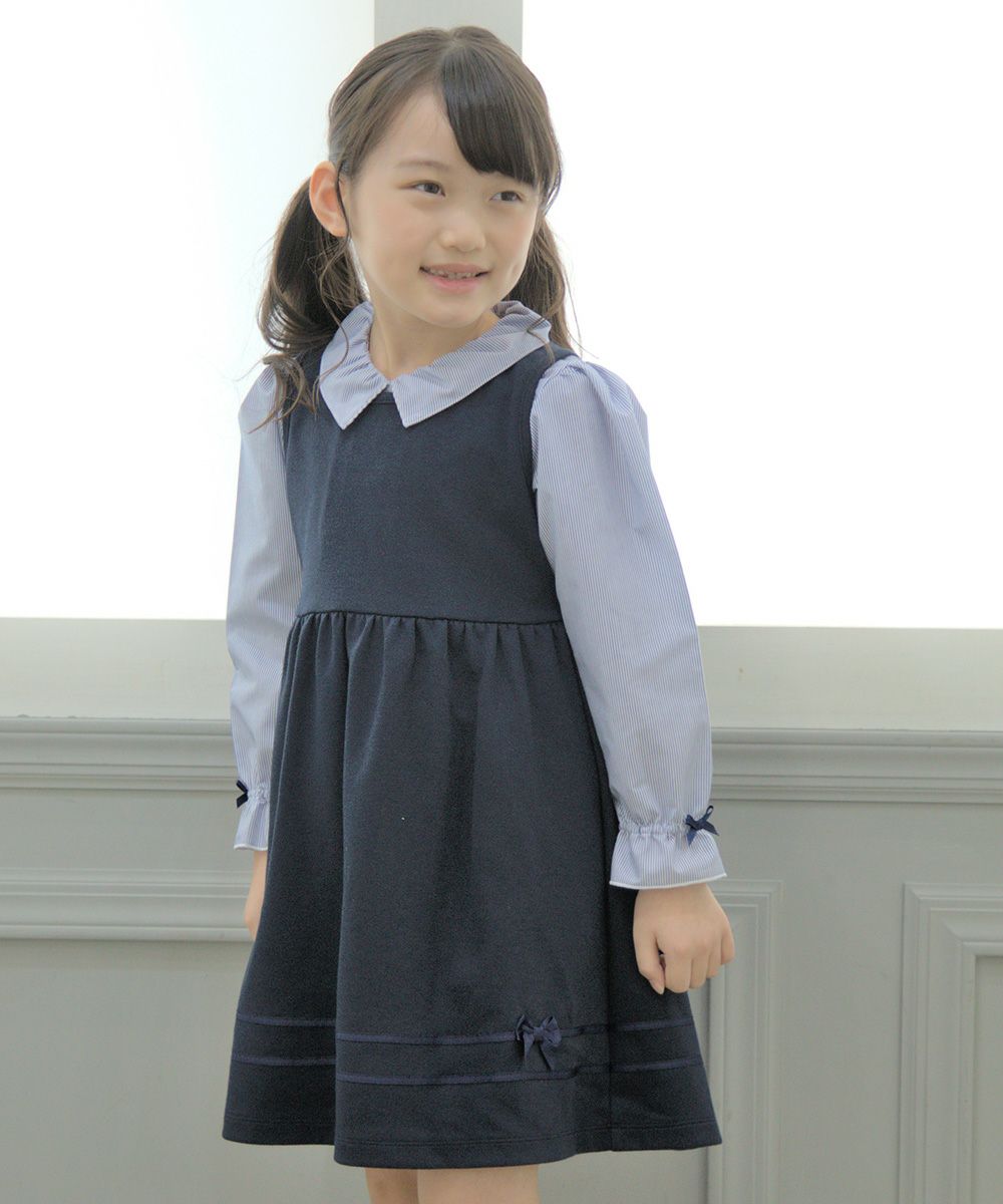 Children's clothing girl with double knit ribbon gathered dress navy (06) model image up