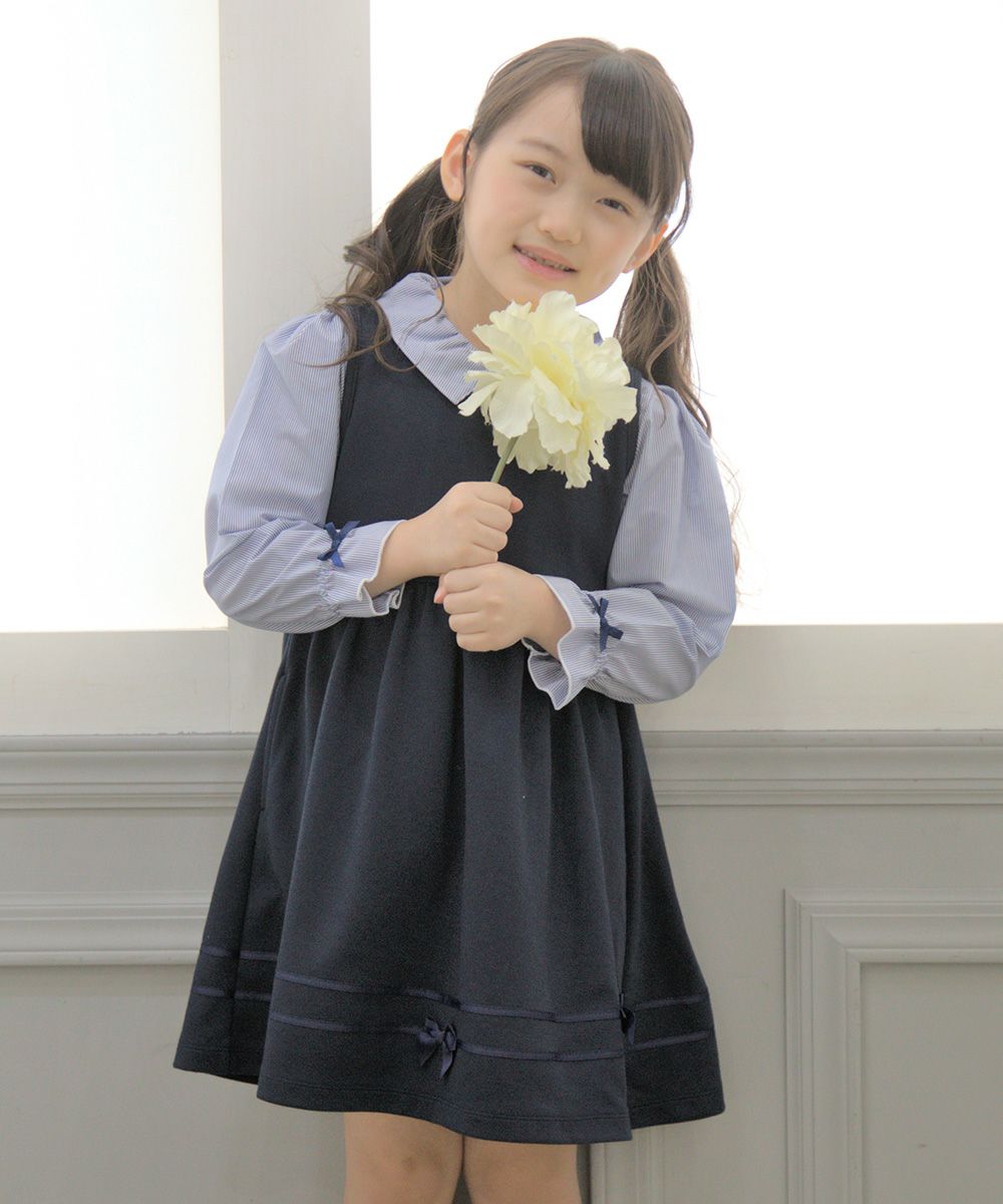Children's clothing girl with double knit ribbon gathered dress navy (06) model image 1