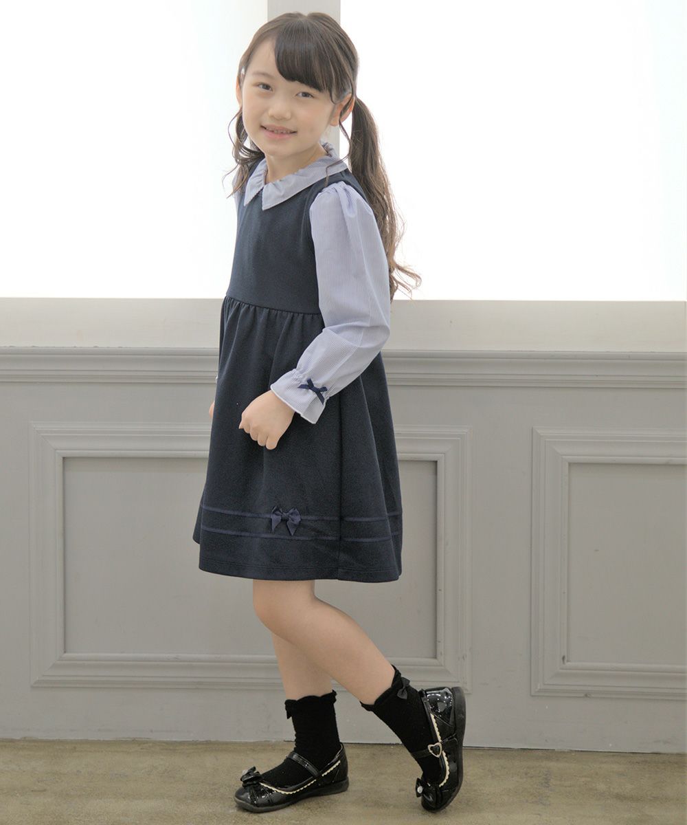 Children's clothing girl with double knit ribbon gathered dress navy (06) model image 2