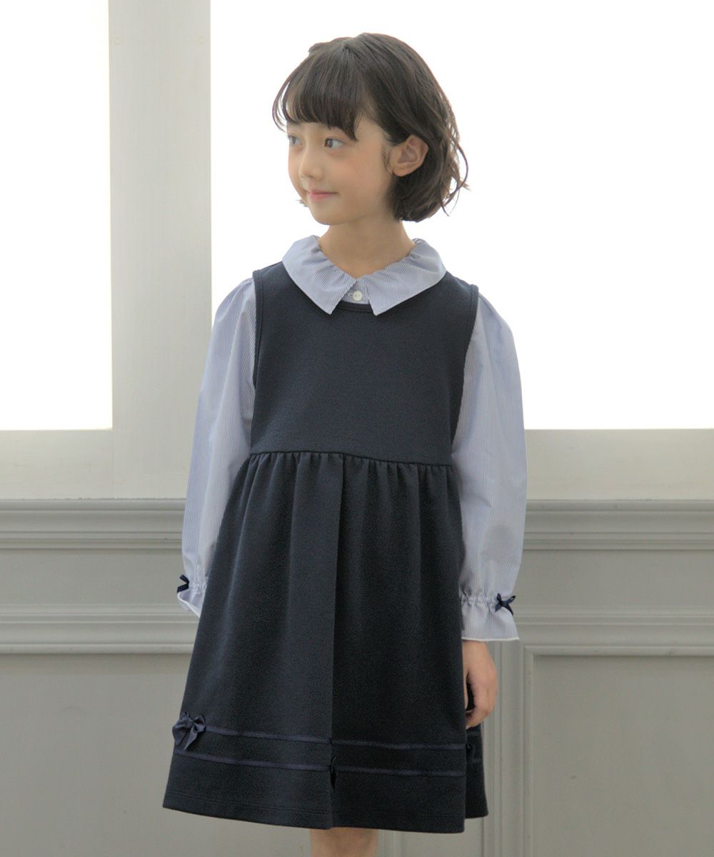Children's clothing girl with double knit ribbon gathered dress navy (06) model image 3