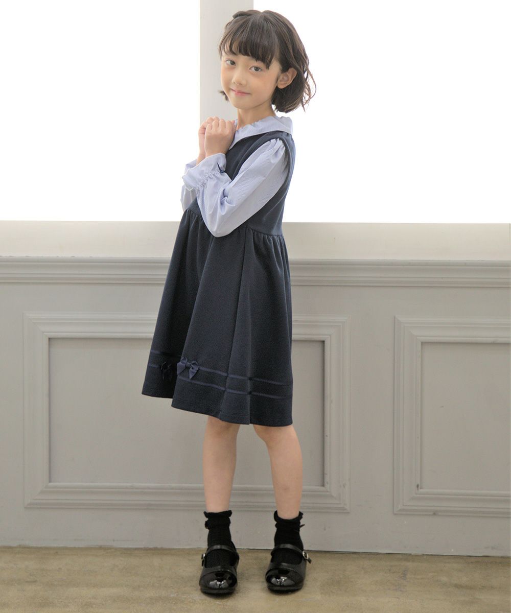 Children's clothing girl with double knit ribbon gathered dress navy (06) model image 4