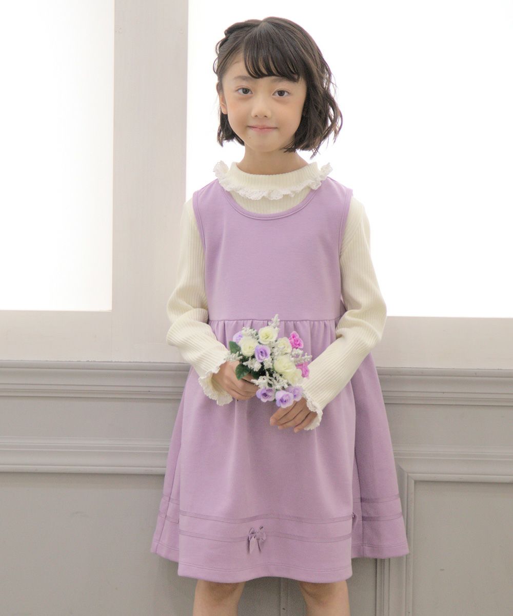 Children's clothing girl with double knit ribbon gather dress purple (91) model image up