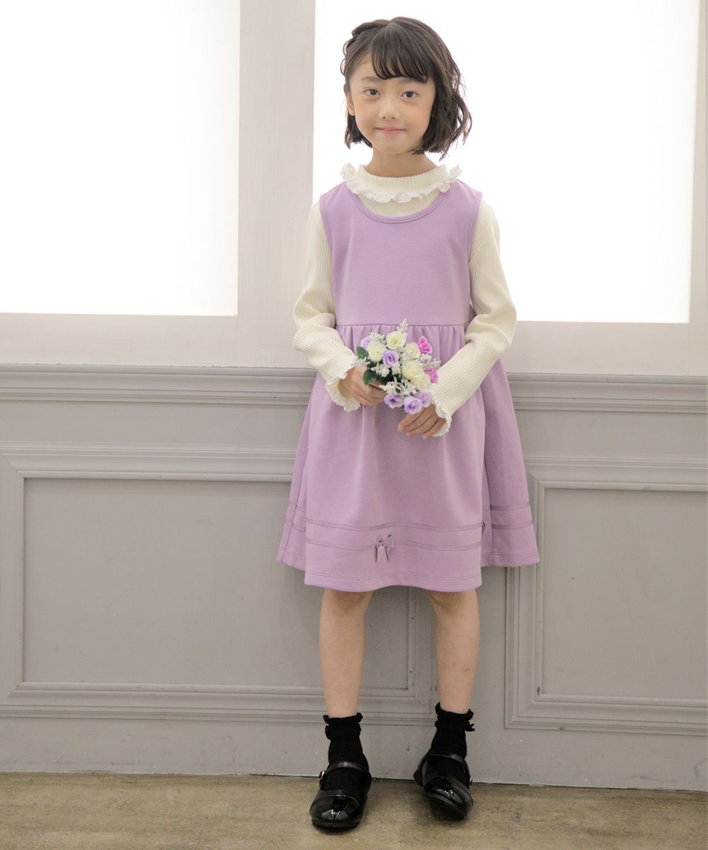 Children's clothing girl with double knit ribbon gathered dress purple (91) model image whole body