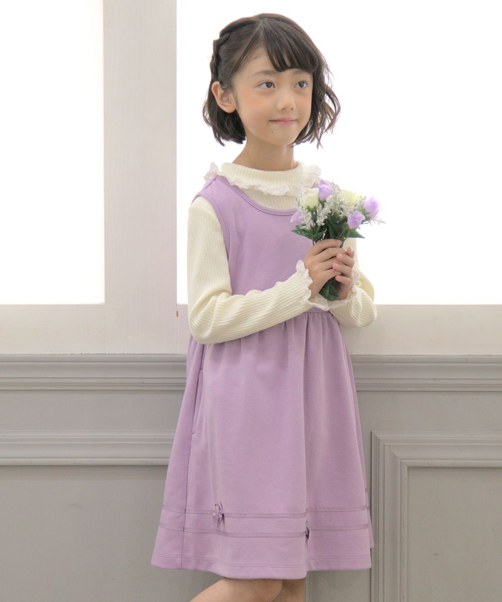 Children's clothing girl with double knit ribbon gather dress purple (91) model image 1