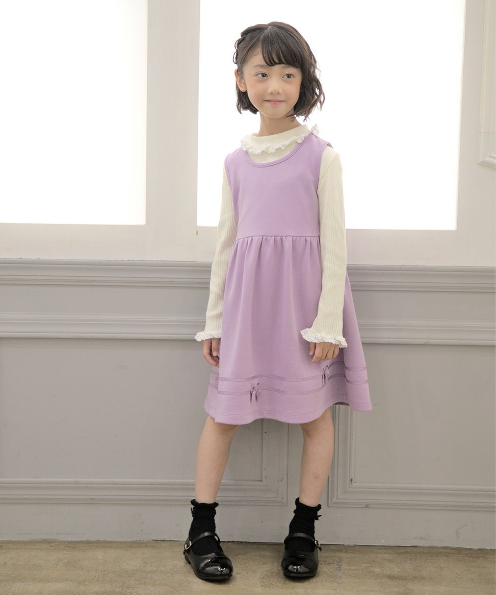 Children's clothing girl with double knit ribbon gather dress purple (91) model image 2
