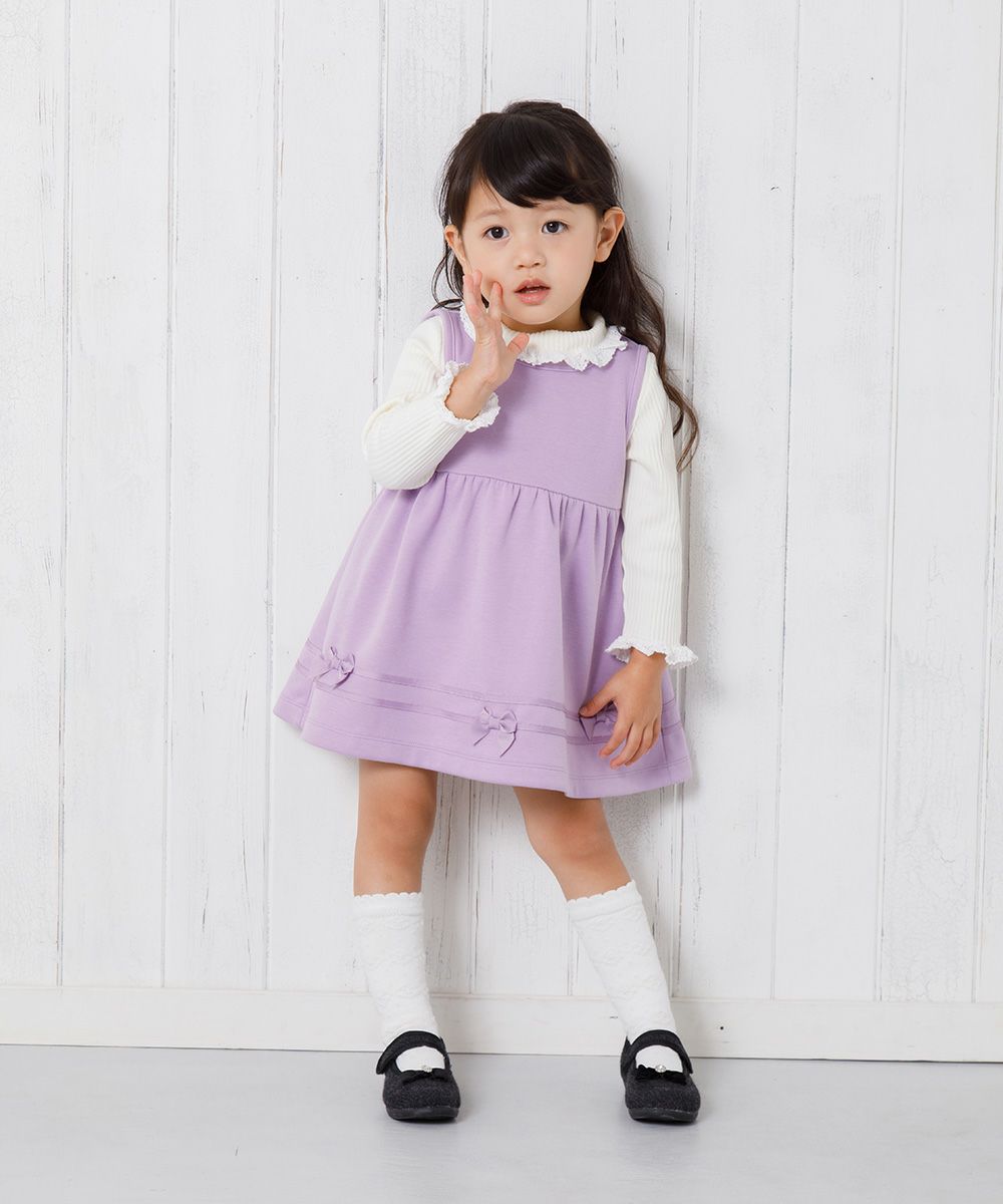 Baby Clothes Girl Baby Size Double Knit Ribbon Gathered One Piece Purple (91) Model Image General Body
