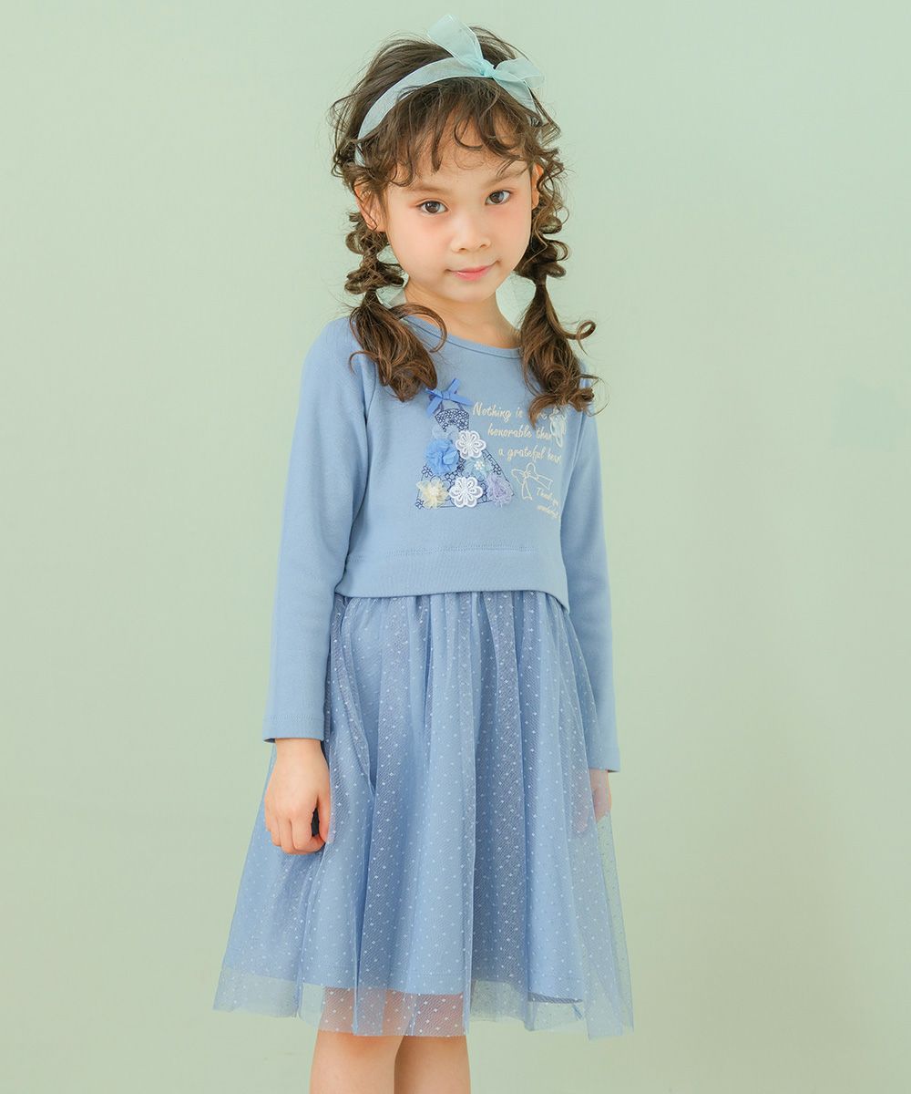 Logo embroidery flower dress with motif tulle docking dress Blue model image whole body