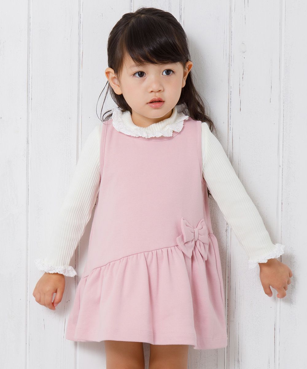 Fine brushed material dress with baby size ribbon Pink model image up