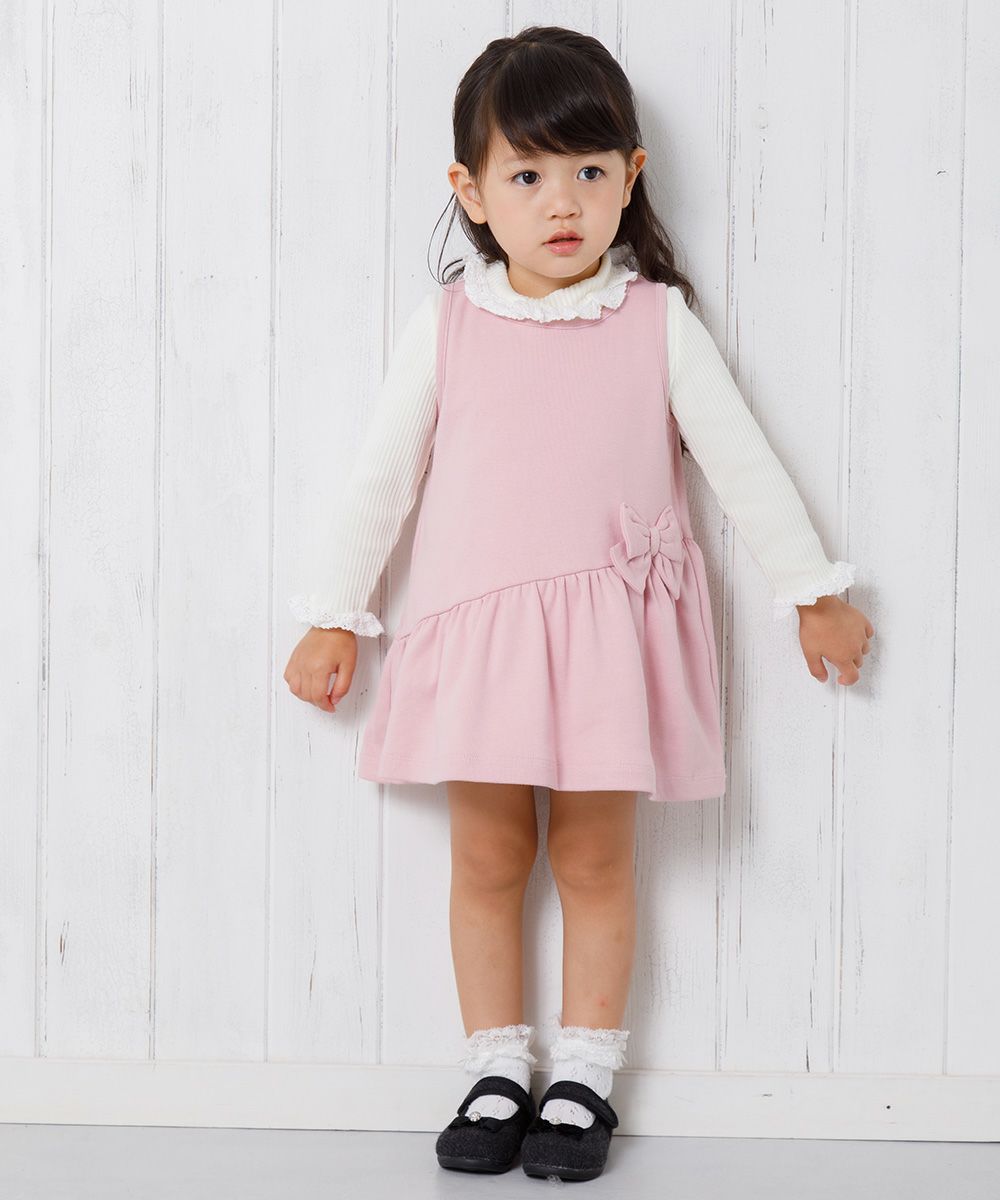 Fine brushed material dress with baby size ribbon Pink model image whole body