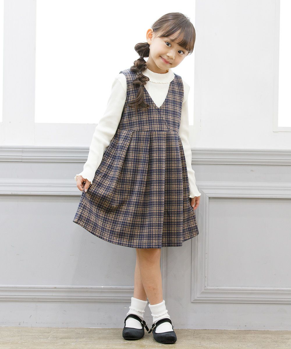 Retro check pattern Kashukuru Tack dress Navy model image whole body