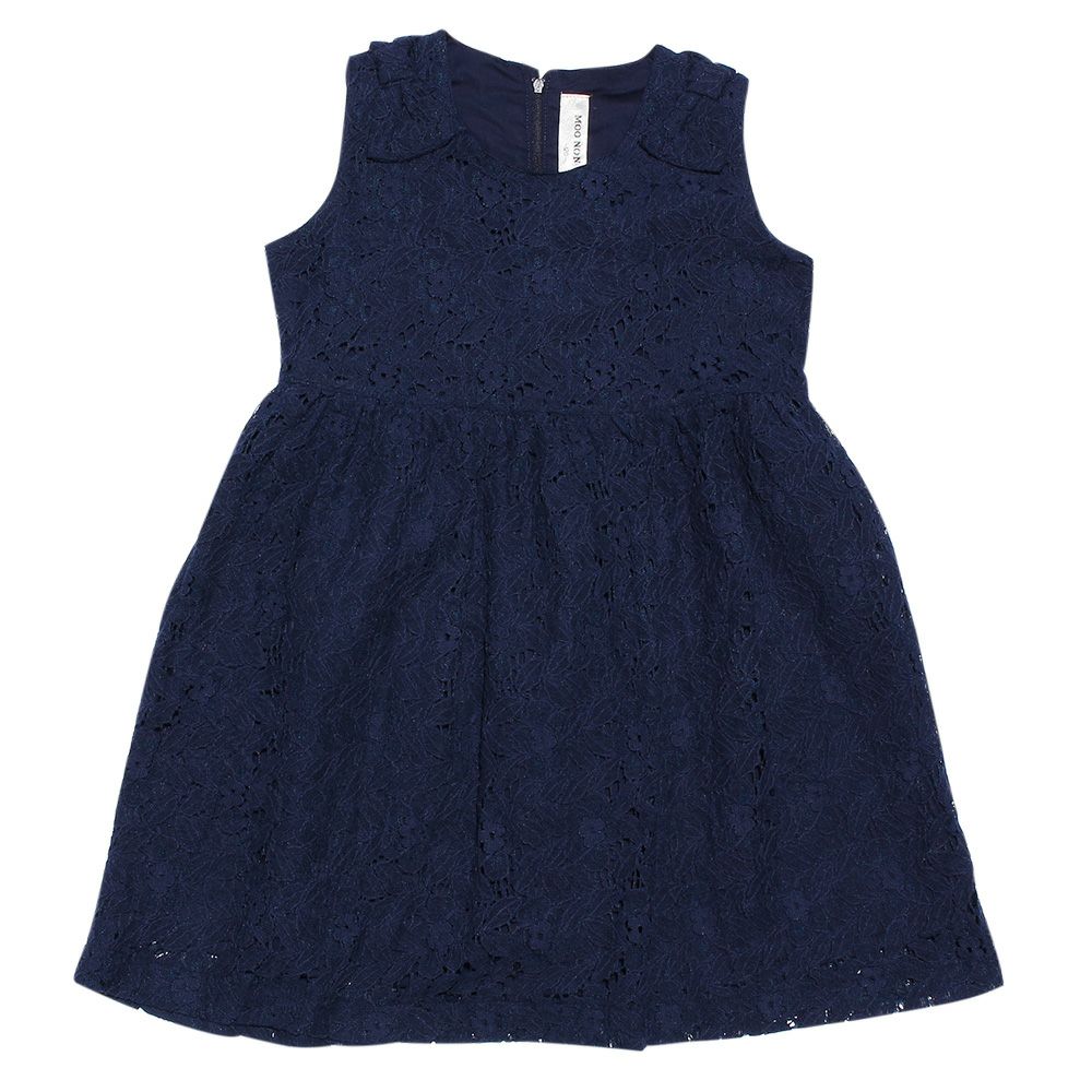 Lace with ribbon dress with lining dress Navy front