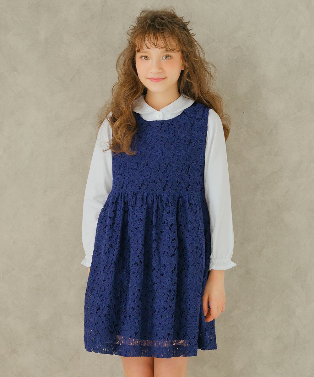 Lace with ribbon dress with lining dress Navy model image up