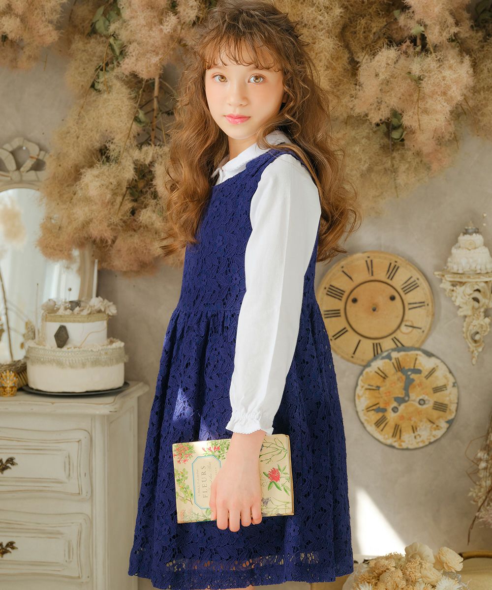 Lace with ribbon dress with lining dress Navy model image 1