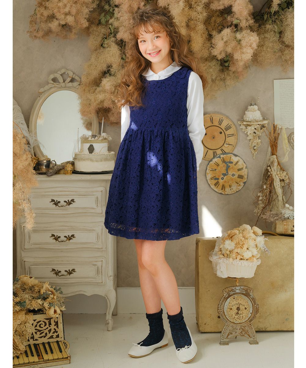 Lace with ribbon dress with lining dress Navy model image 2
