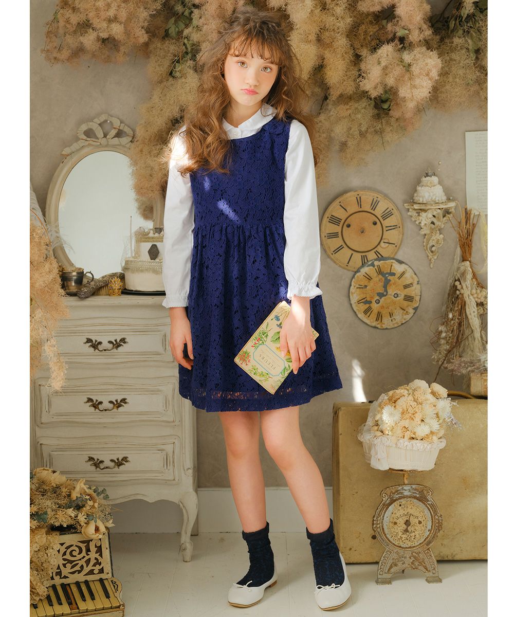 Lace with ribbon dress with lining dress Navy model image 3