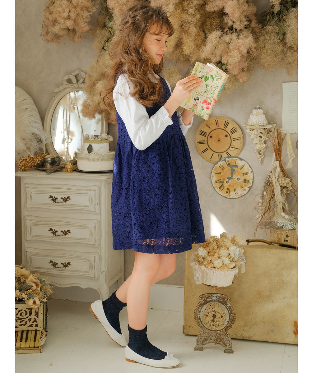 Lace with ribbon dress with lining dress Navy model image 4