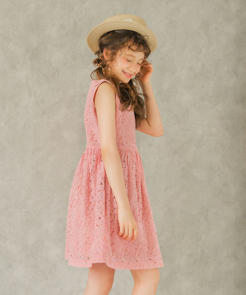 Lace with ribbon dress with lining dress Pink model image up