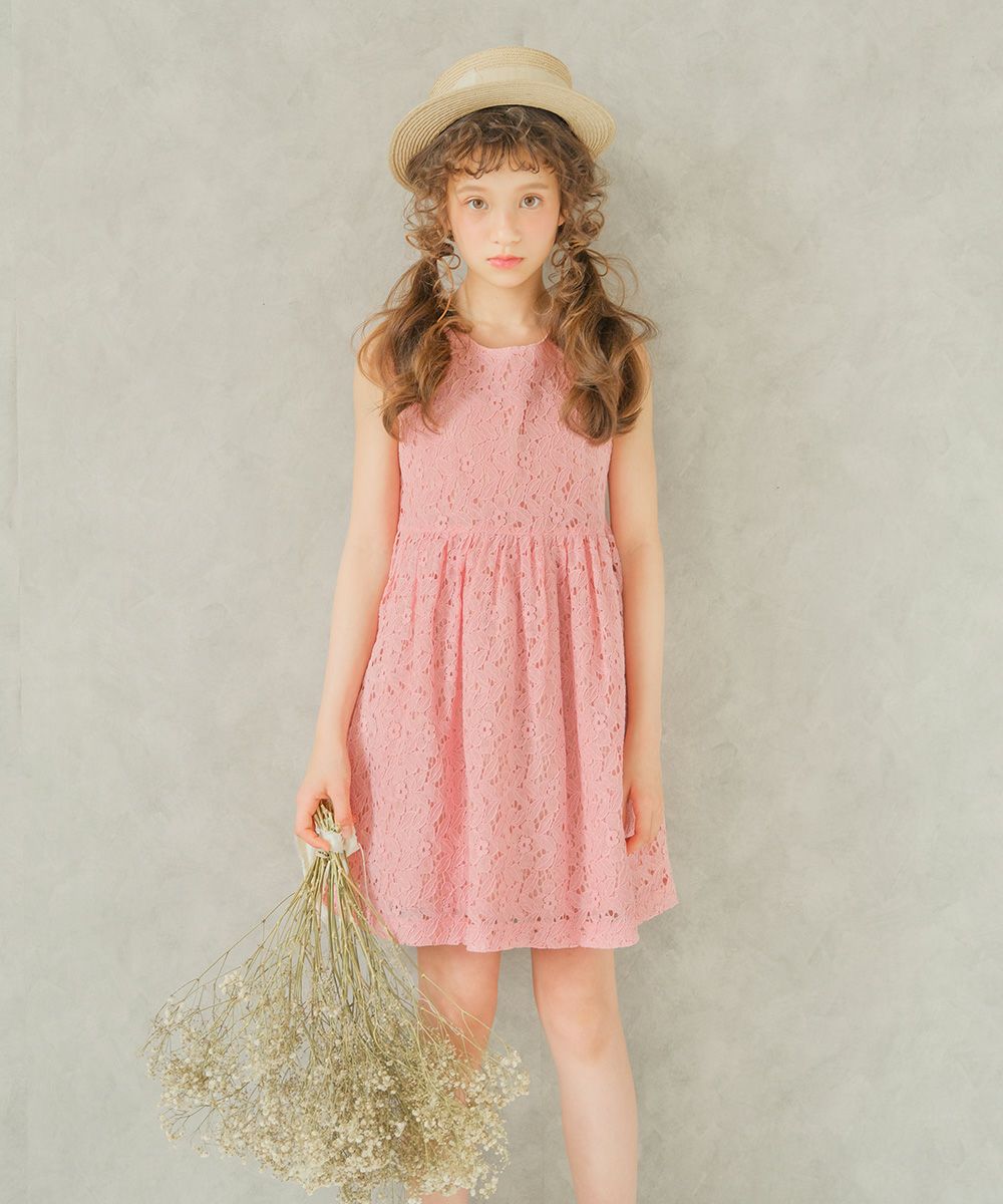 Lace with ribbon dress with lining dress Pink model image whole body