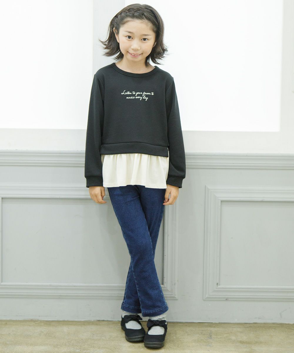 Children's clothing girl note embroidery stretch denim full length pants navy (06) Model image up