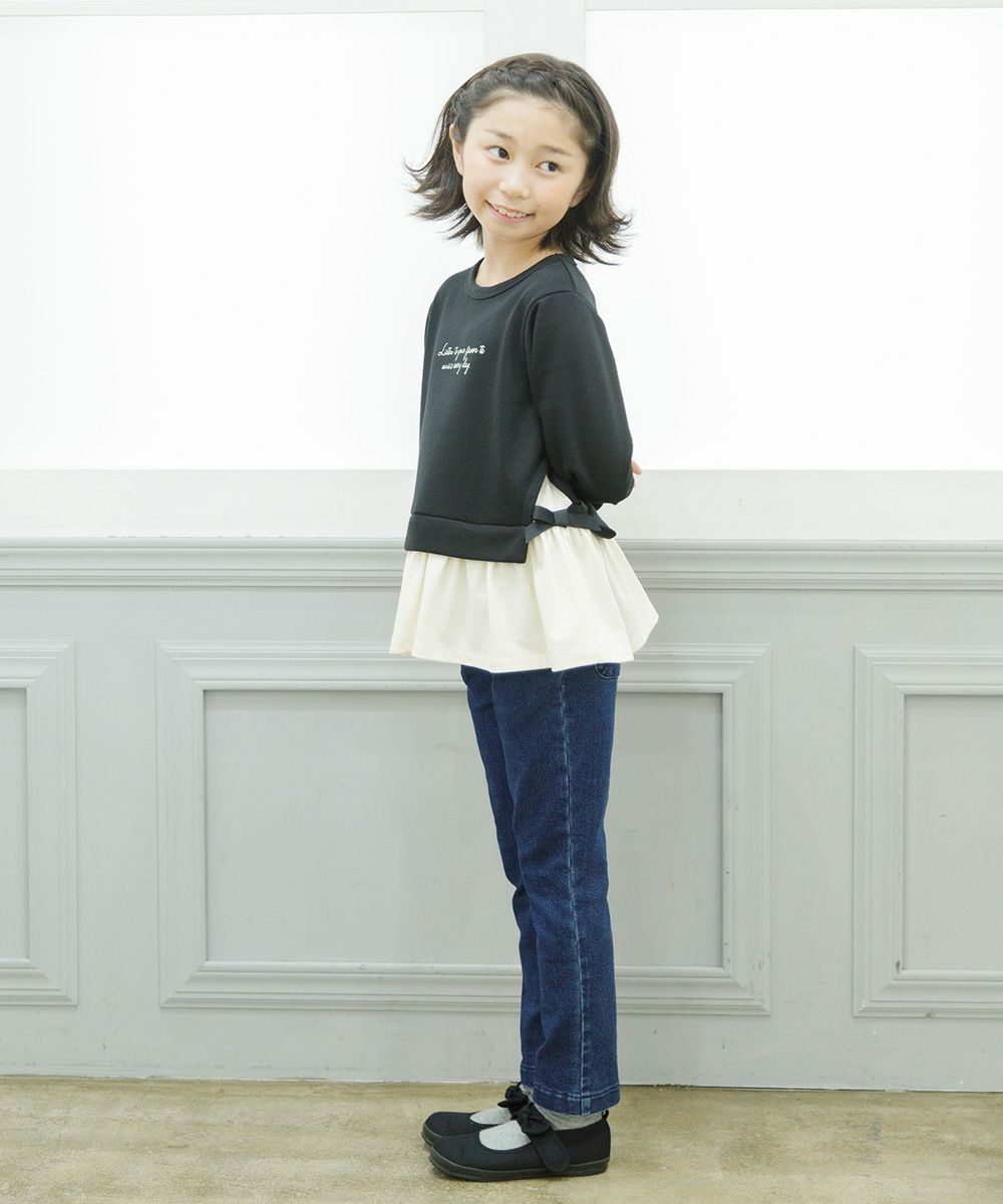 Children's clothing girl note embroidery stretch denim full length pants navy (06) model image whole body
