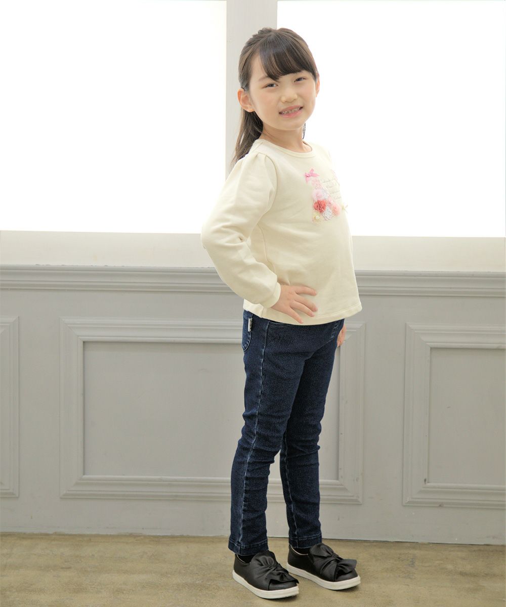 Children's clothing girl note embroidery stretch denim full length pants navy (06) model image 1