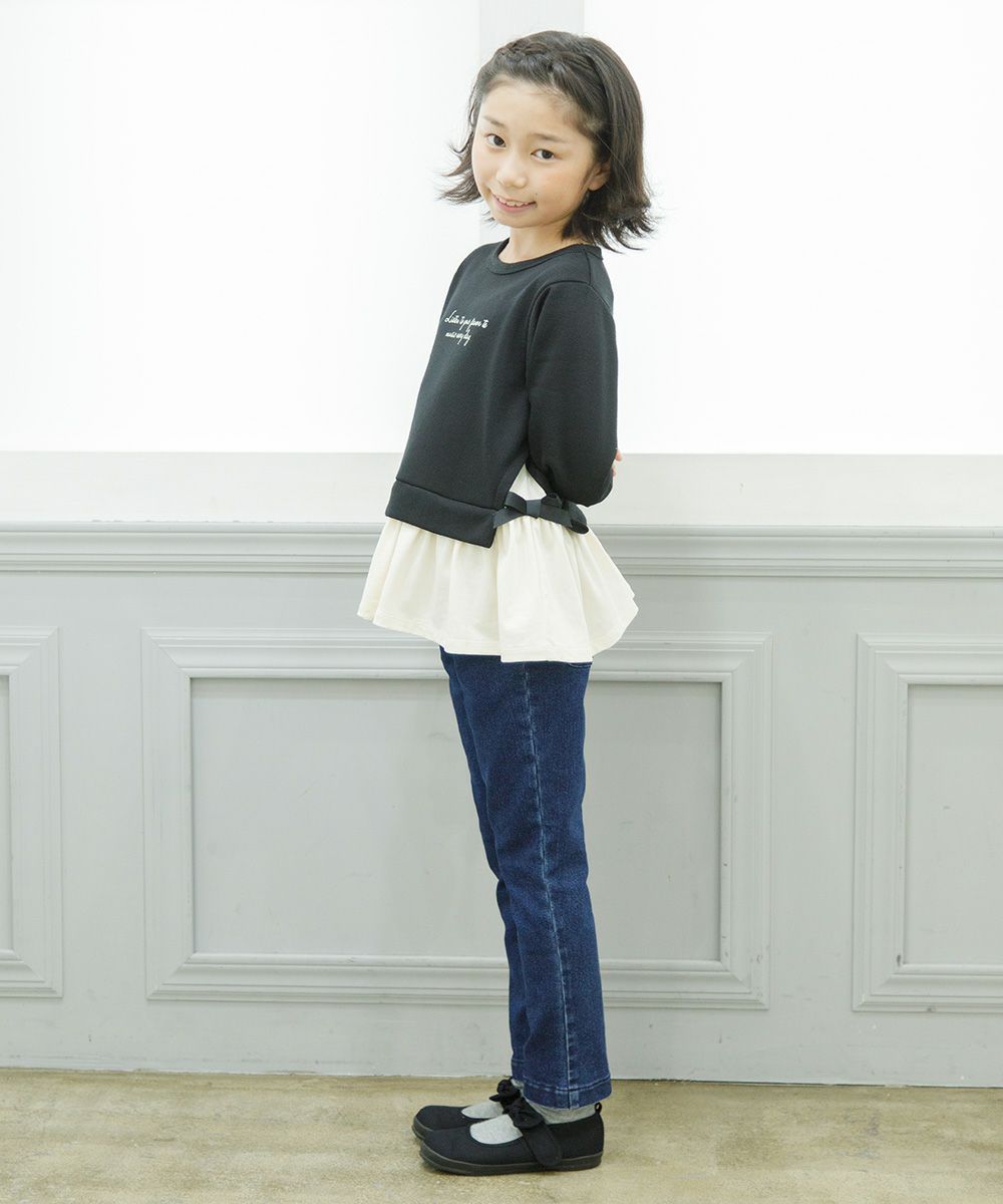 Children's clothing girl note embroidery stretch denim full length pants navy (06) model image 2