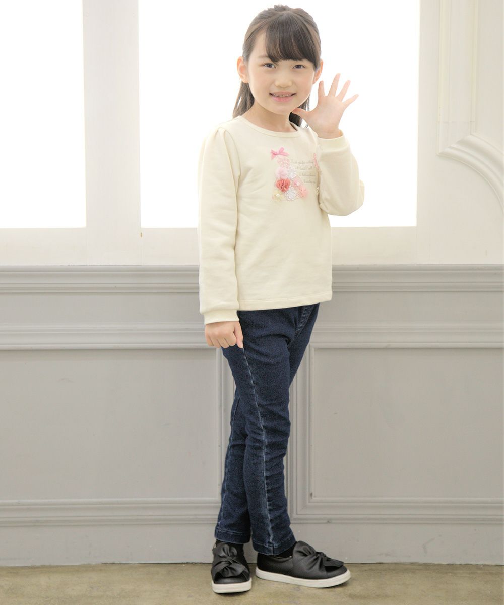Children's clothing girl note embroidery stretch denim full length pants navy (06) model image 3