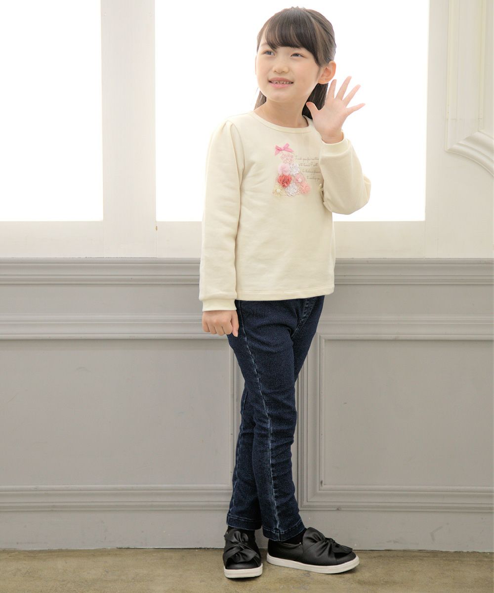 Children's clothing girl note embroidery stretch denim full length pants navy (06) model image 4