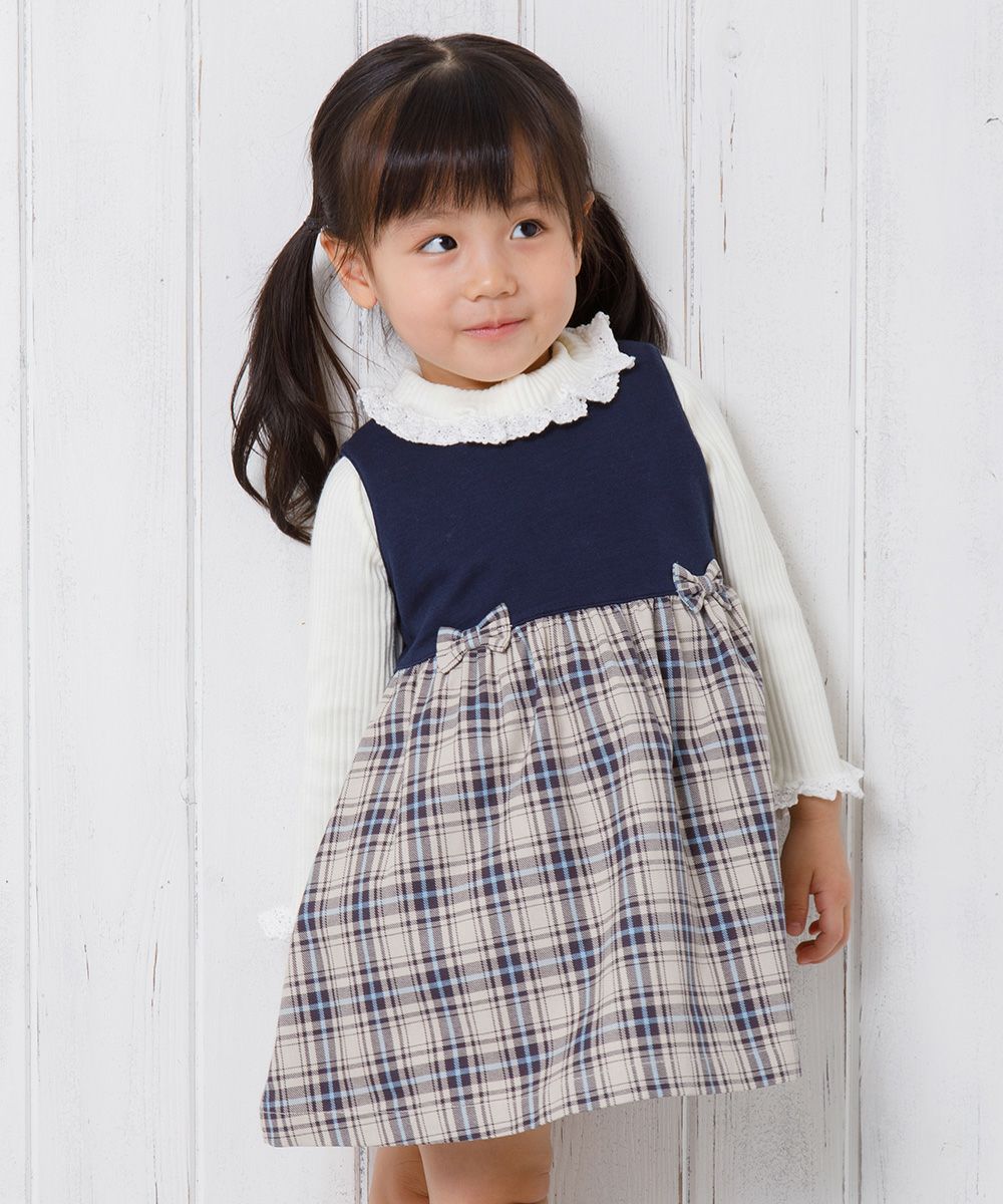 Baby Clothing Girl Baby Size Original Check Pattern One Piece Navy (06) Model image Up