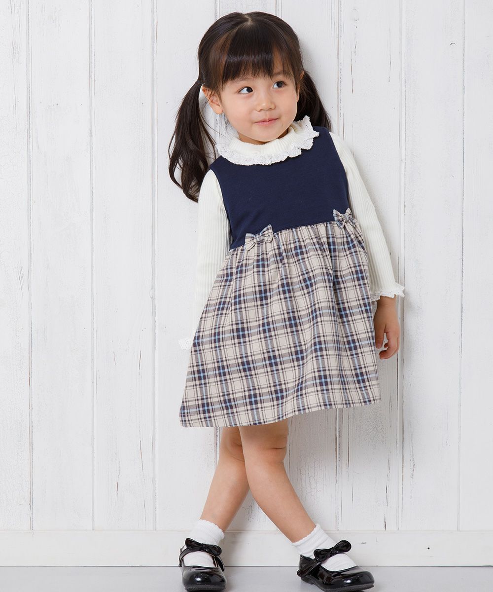Baby Clothing Girl Baby Size Original Check Pattern One Piece Navy (06) Model Image General Body