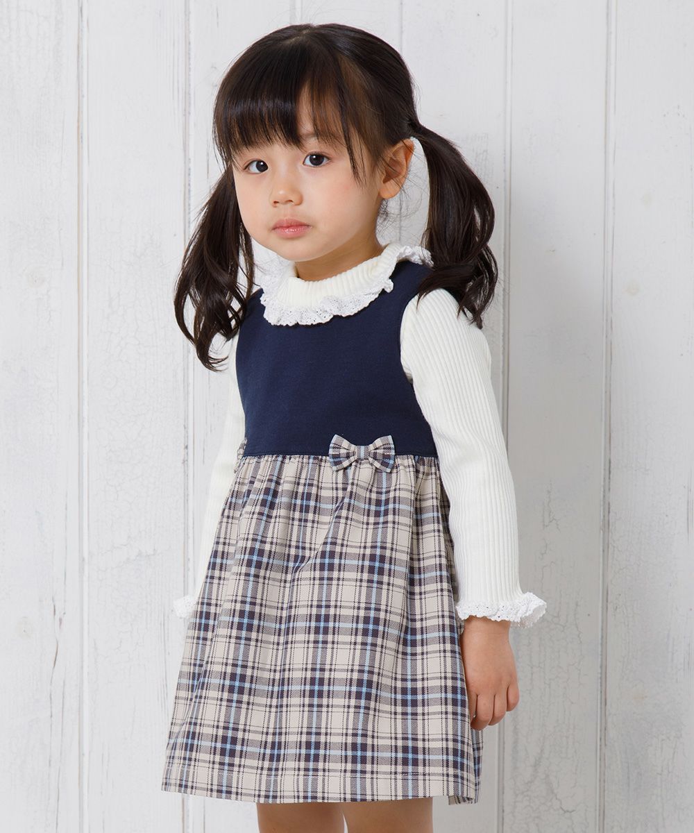 Baby Clothing Girl Baby Size Original Check Pattern One Piece Navy (06) Model Image 1