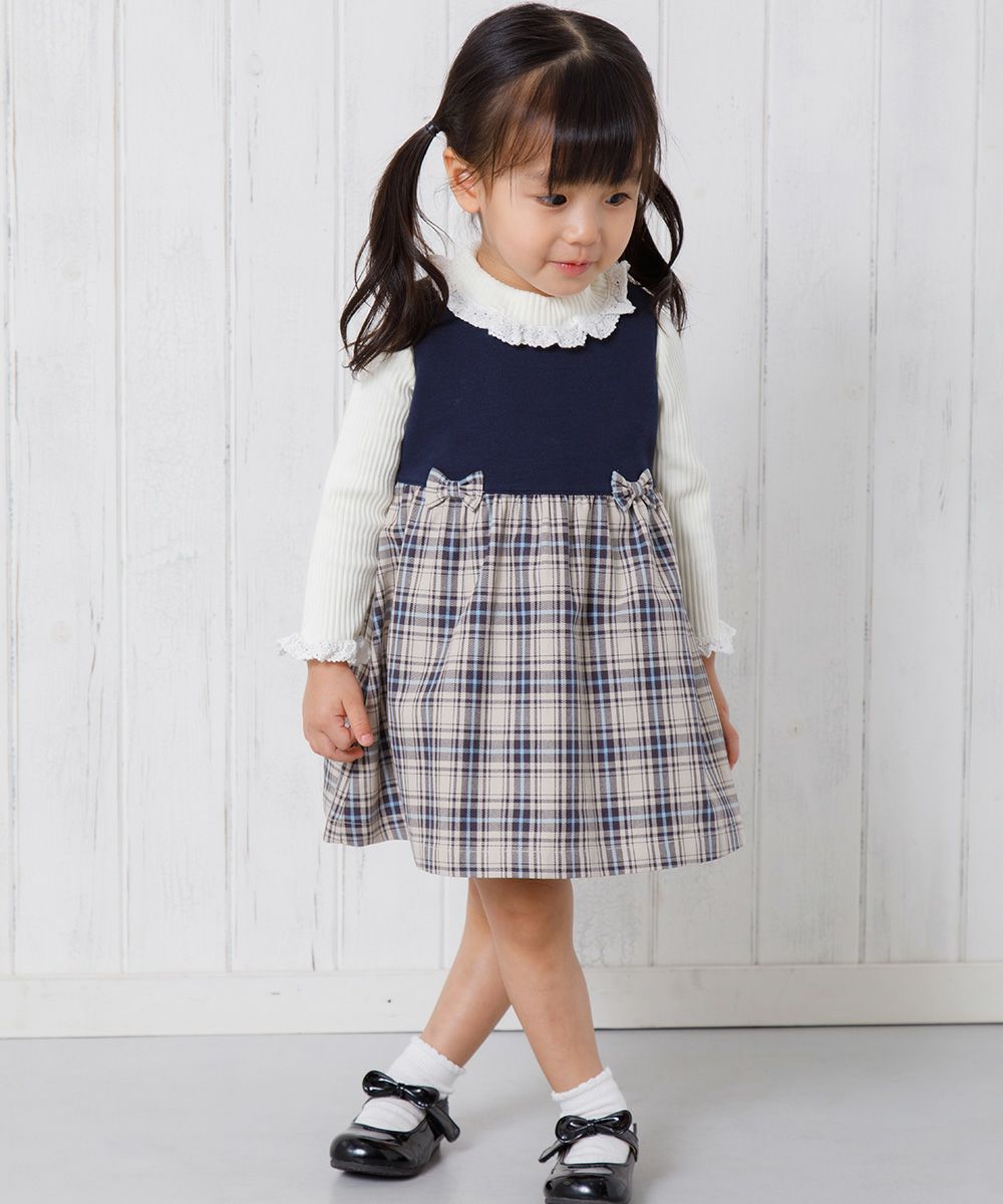 Baby Clothing Girl Baby Size Original Check Pattern One Piece Navy (06) Model Image 2