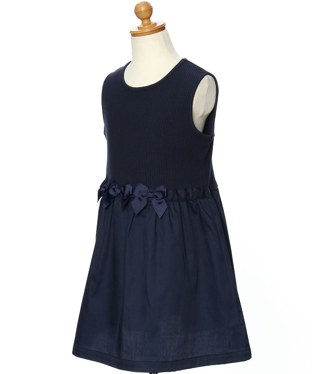 Gathered gathering with ribbon switching docking dress Navy torso