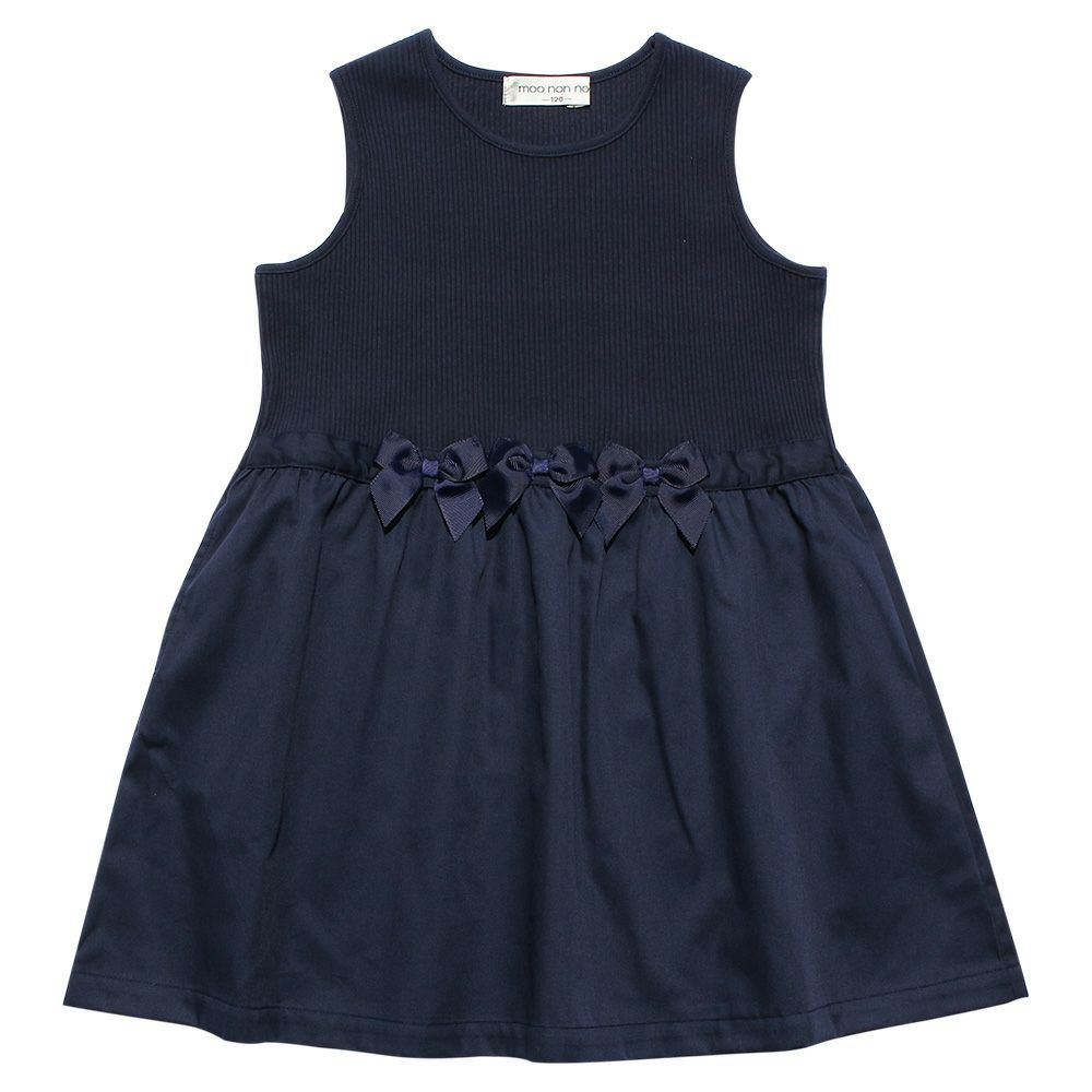 Gathered gathering with ribbon switching docking dress Navy front