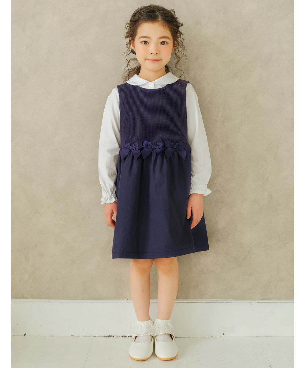 Gathered gathering with ribbon switching docking dress Navy model image 1