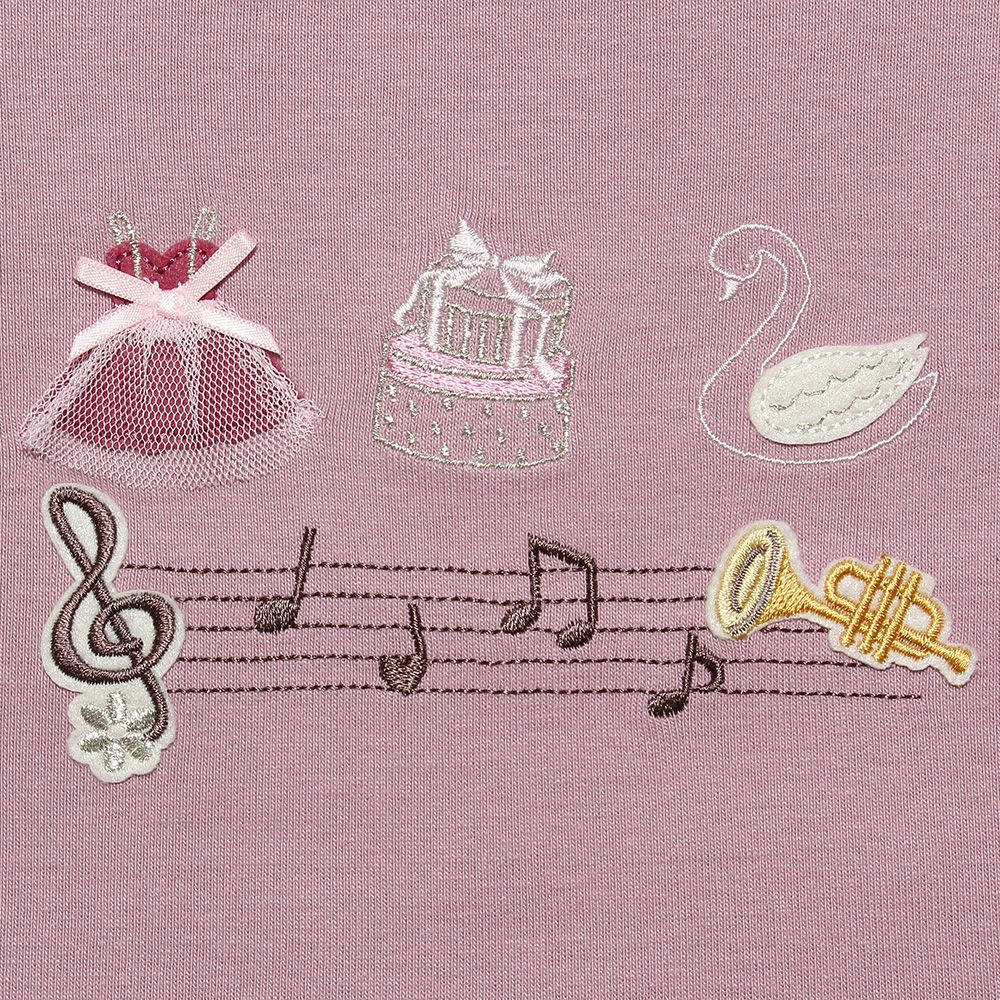 Ballet with shoulder frills & swan & note embroidery T -shirt Pink Design point 1