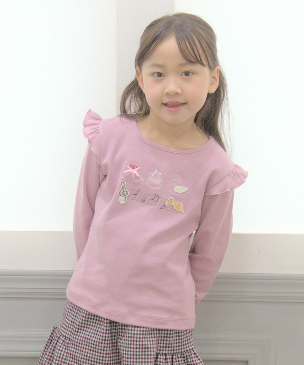 Ballet with shoulder frills & swan & note embroidery T -shirt Pink model image up