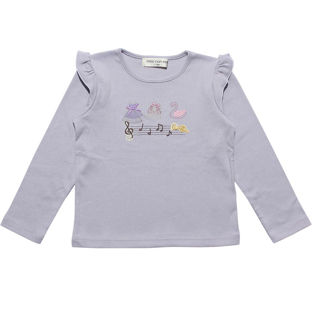 Ballet with shoulder frills & swan & note embroidery T -shirt Purple front