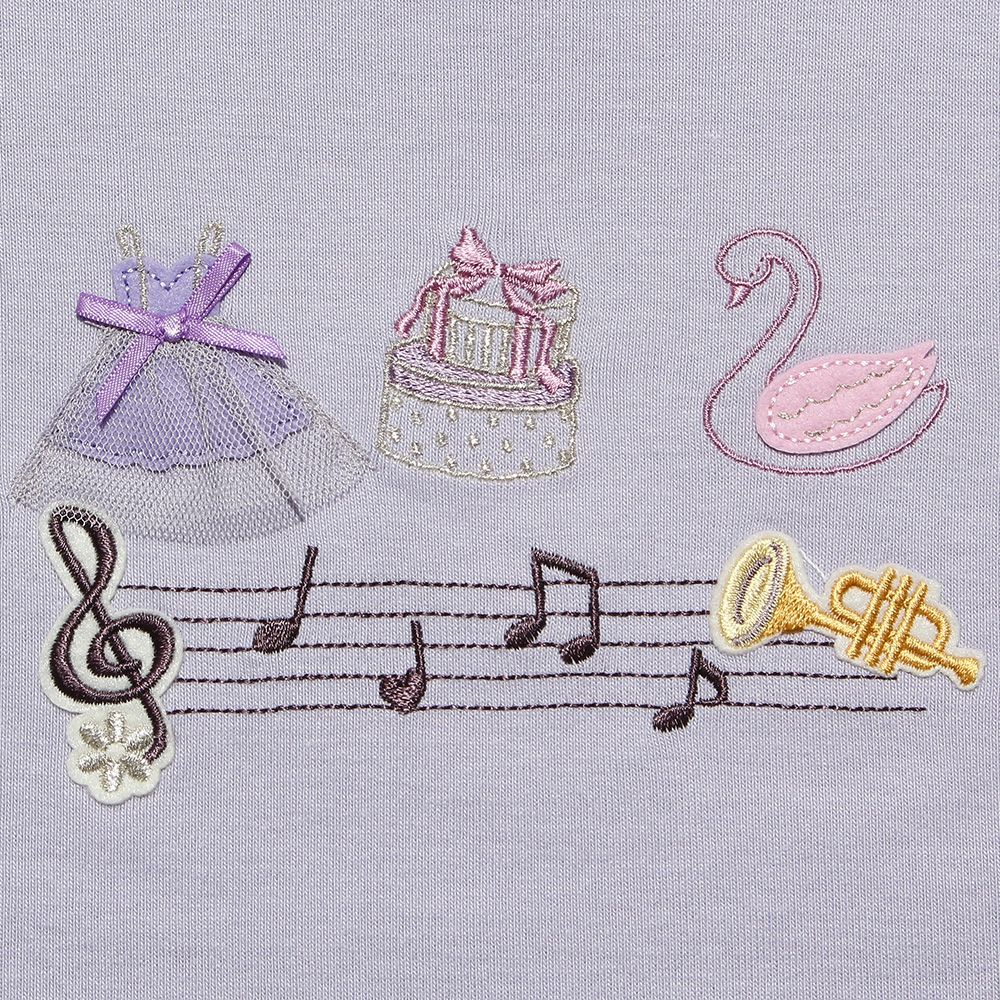 Ballet with shoulder frills & swan & note embroidery T -shirt Purple Design point 1
