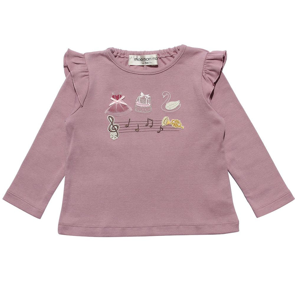 Baby size ballet & swan & note total embroidery T -shirt Pink front
