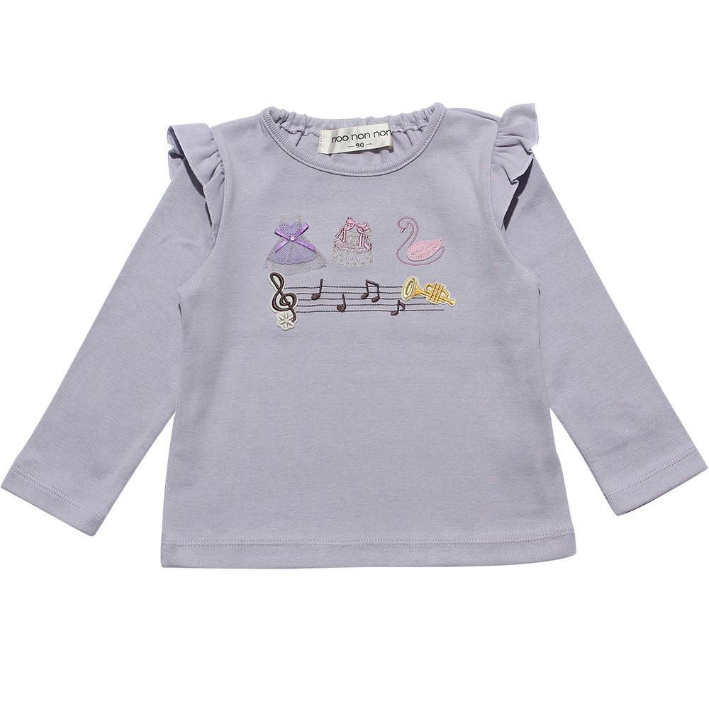 Baby size ballet & swan & note total embroidery T -shirt Purple front
