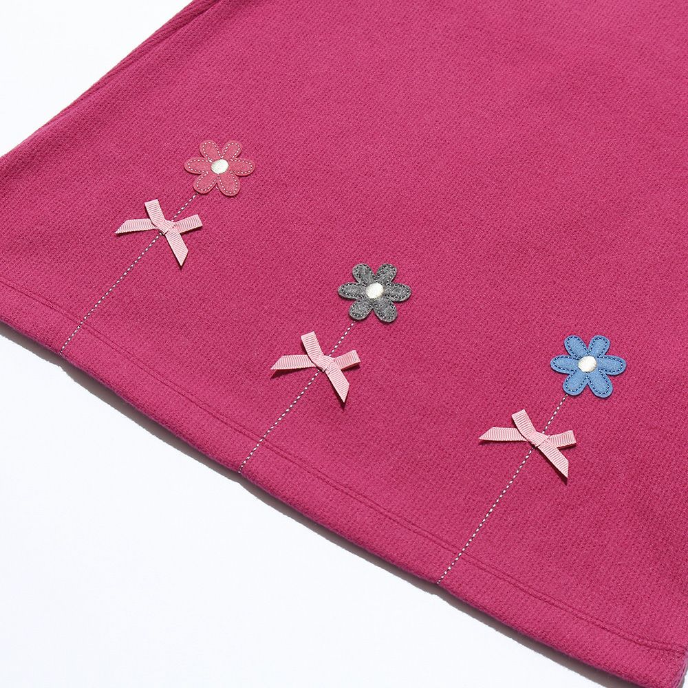 Brushed material with shoulder frills & flower motif A line dress Pink Design point 1