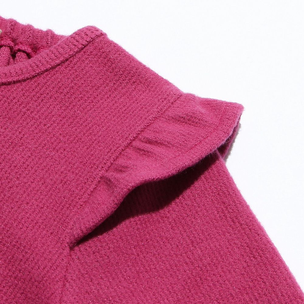 Brushed material with shoulder frills & flower motif A line dress Pink Design point 2