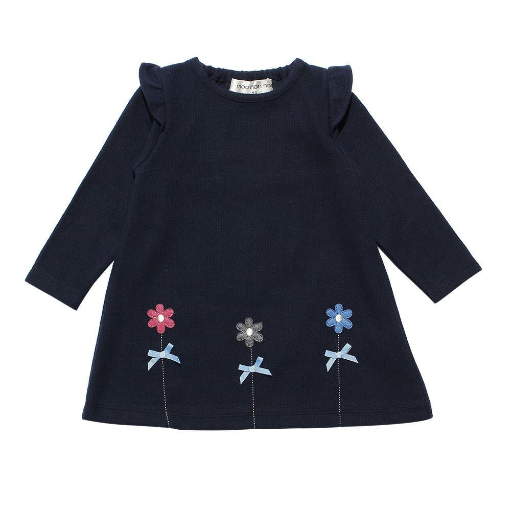 Brushed material with shoulder frills & flower motif A line dress Navy front