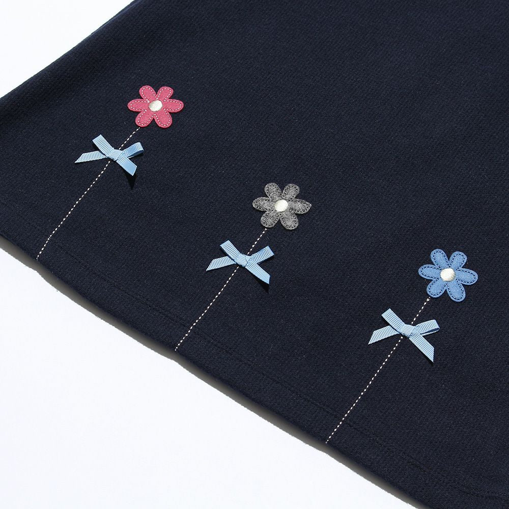 Brushed material with shoulder frills & flower motif A line dress Navy Design point 1