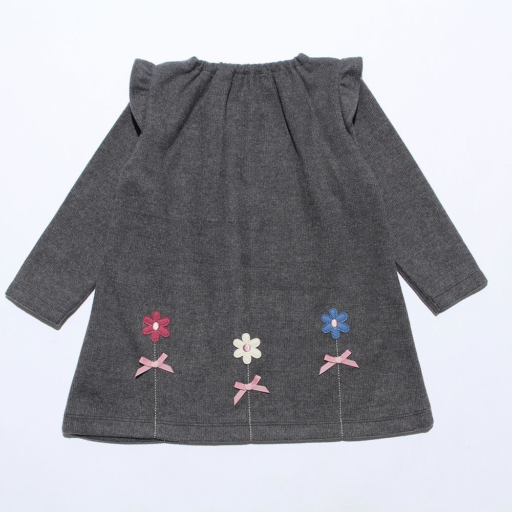 Brushed material with shoulder frills & flower motif A line dress Misty Gray back